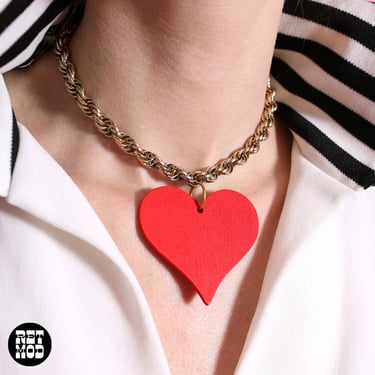 Fun Vintage 60s 70s Chain Choker Necklace with Red Wood Heart Pendant 