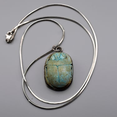 Big 50's 800 silver Egyptian faience scarab pendant, partial glaze clay beetle square Italy 925 sterling snake chain necklace 