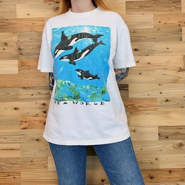 Vintage 90's Sea World Art Print Killer Whales Underwater Tee Shirt T-Shirt 