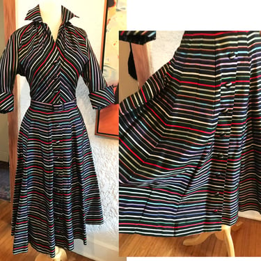 Adorable Late 1940's Dress with shimmering Multi Colored stripes  and flip up Collar!  --Size Medium 