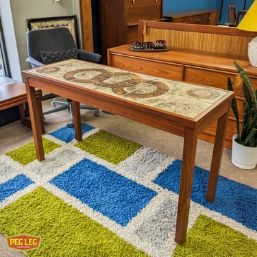 Danish Modern teak console table with hand-painted tile top