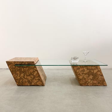 Vintage Glass and Cork Rectangle Coffee Table MCM 70s Postmodern 80s Retro 