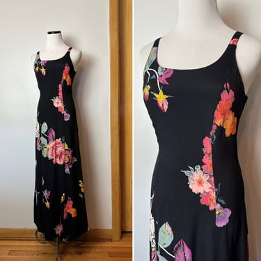 Black Rayon floral dress~ extra cinched waist long bias cut~ 40’s inspired slip dress~ sleeveless/ size small 