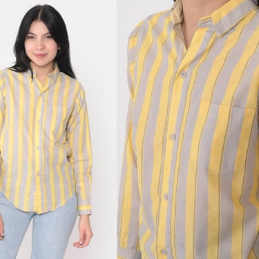 80s Striped Shirt Grey Yellow Button Up Shirt Long Sleeve Pinstripe Retro Preppy Collared Top Basic Boyfriend Vintage 1980s Extra Small xs 