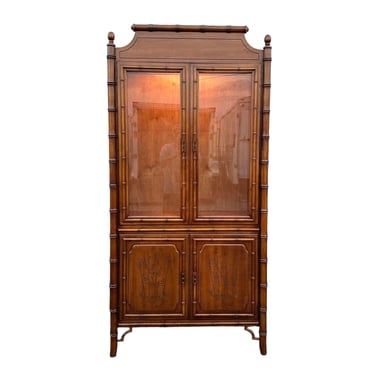 Vintage Faux Bamboo China Cabinet by Dixie Aloha - Illuminated Chinoiserie Wood & Glass Display Case Hollywood Regency Lighted Furniture 