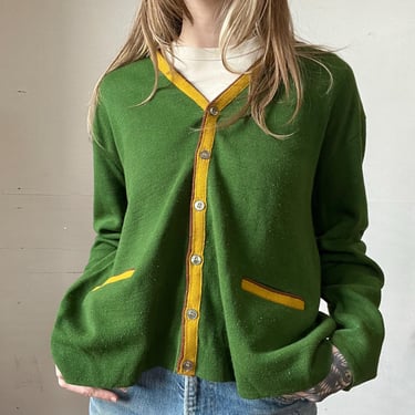 L XL, Vintage 1970s Green Cardigan Sweater, Yellow Brown, Fall Winter, S 