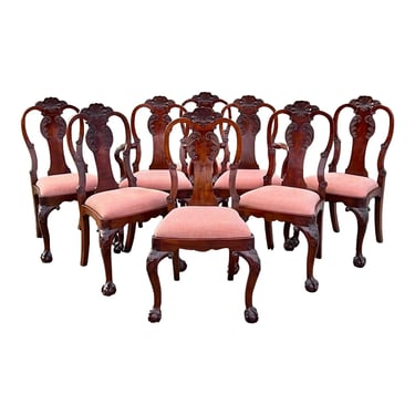Solid Mahogany Carved Queen Anne Dining Chairs - Set of 8 