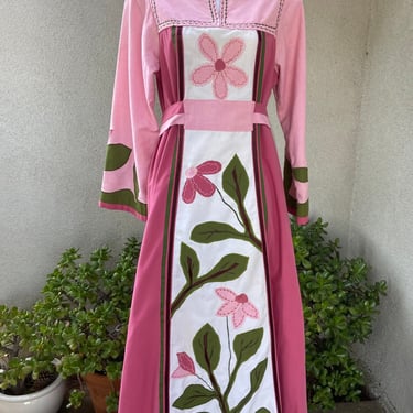 Vintage bohemian custom made kaftan long dress pinks greens floral applications XS 