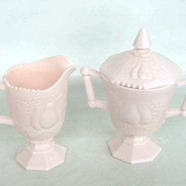 Jeannette Pink Milk Glass Baltimore Pear Creamer and Covered Sugar Bowl 766B