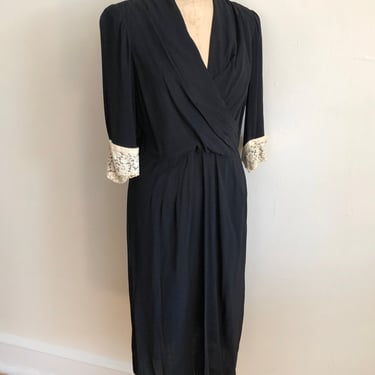 Black Crepe Surplice Dress with Lace Cuffs - 1940s 