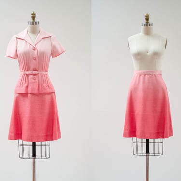 blush pink skirt set | 60s 70s vintage ombre dip dyed rose pink linen blouse knee length skirt 2 piece set 