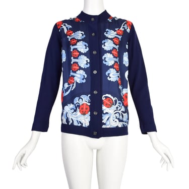 Hermes Vintage Coccinelles by Karin Swildens Silk Scarf Navy Blue Wool Knit Cardigan Sweater
