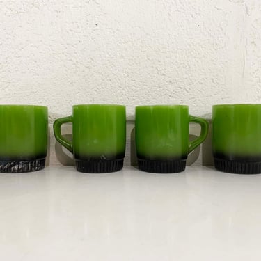 Vintage Green Anchor Hocking Fire King Mugs Set of 4 Black Fade Ombre Coffee Tea Matte USA Made Stacking Glass Mug 1950s 