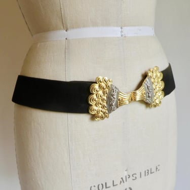 1970's Harry Rosenfeld Black Suede Belt with Gold and Silver Ornate Buckle Adjustable 70's Formal Evening Belts Accessories Size Medium 