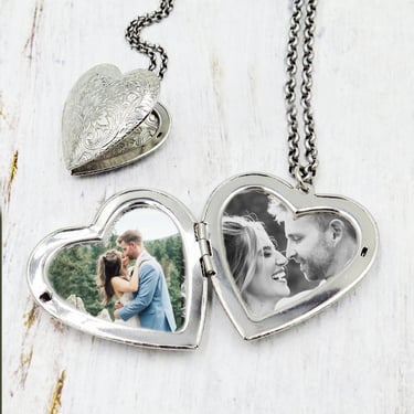 Heart Photo Locket, Large Silver Heart Pendant, Large Wedding Locket, Mother's Day Jewelry, Photo Necklace 