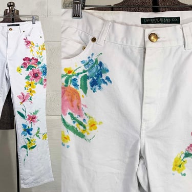 Vintage Ralph Lauren White Painted Jeans 1990s 90s Floral Denim Straight Leg Designer Trousers Cotton Pants Flowers Watercolor Size 8 Medium 