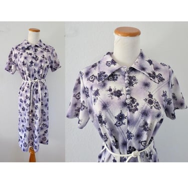 Vintage 60s Mod Midi Dress - Blue Floral Print Shift - Mid Century 1960s Day Dress - Size Large 