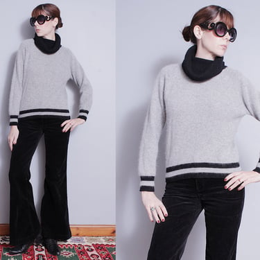 Vintage 1970's/1980's | PIERRE CARDIN | Gray and Black | Wool and Angora | Cowl Neck | Pullover | Sweater | M 