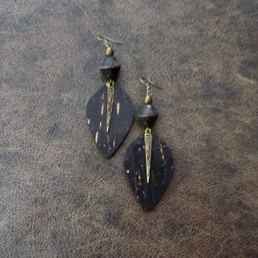 Cork earrings, wooden earrings, bold statement earrings, Mid century modern earrings, fabric earrings  unique earrings, black and gold 8 