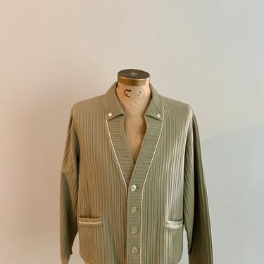Buck Skein vintage 1950s lt green cotton textured rib pattern v neck jacket-size xl 