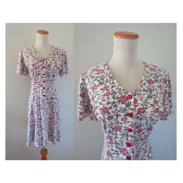 Vintage 90s Floral Dress Cotton Blend Midi Button Up Romantic Cottagecore Bohemian Size Medium Large 