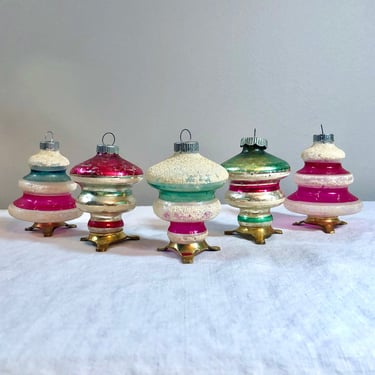 Set of 5 Vintage UFO, Tornado Lantern, Tree and Top shape, Mid Century Modern, Mercury Glass Christmas Tree Ornaments - Shiny Brite, Mica 