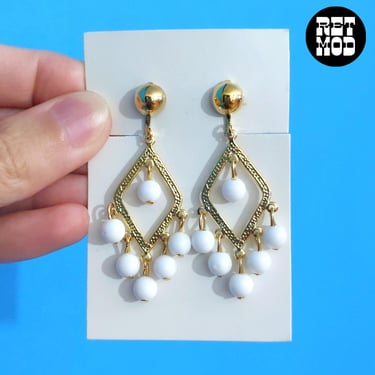 DEADSTOCK Pretty Vintage 70s White Beaded Dangle Earrings - Smaller Sized 