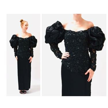 80s 90s Glam Vintage Black Lace Evening Gown Dress Medium Large Beaded Sequin Lace Dress Gown Long Sleeve 80s 90s Evening Pageant Long Gown 