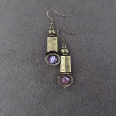 Purple marbled stone and bronze earrings 