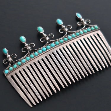 Regency Pavé Turquoise Fleur de Lys Silver Comb, Georgian Hair Comb, Victorian Comb, Antique Comb, Bridal Comb, Hair Jewelry, 