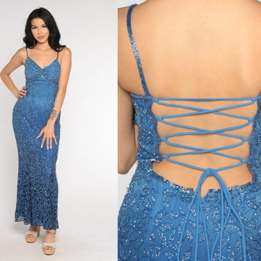 Blue Beaded Dress 90s Ombre Party Dress Silk Maxi Fishtail Gown Sleeveless Lace Up Open Back Slit Cocktail Long Glam Vintage 1990s Small S 