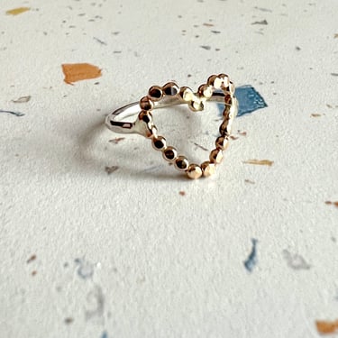 14k Gold-Filled Beaded Heart Ring with Sterling Silver Band 