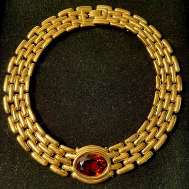 Vintage 1980s GIVENCHY Goldtone Watch Link Necklace Amber Oval Stone 