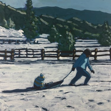 Sledding Hill #7  |  Original Acrylic Painting on Canvas, 10 x 10, michael van, snow, figurative, landscape, winter, gallery wall, small 