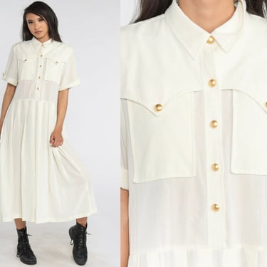 Off-White Day Dress 90s Shirtwaist Dress Retro Boho Ankle Length Maxi Button Up Collared Military Short Sleeve Summer Vintage 1990s Medium 