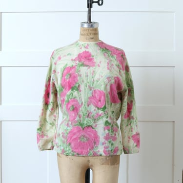 vintage 1950s 60s hot pink & green floral angora sweater • 