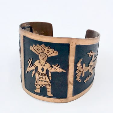 Vintage 1950s Bell Trading Post Copper Cuff, Kachina Dancers Souvenir Bracelet, Mid-Century Southwestern Tourist Jewelry, VFG 