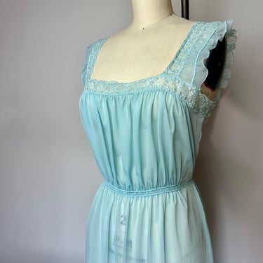 60’s long Sheer teal blue nightgown~ square neckline sleeveless ~ cinched waist 1960’s nighty dress~ ruching gathers /Size 34 XS 