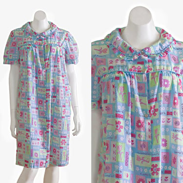 Vintage Blue House Dress with Pink Flower Print 