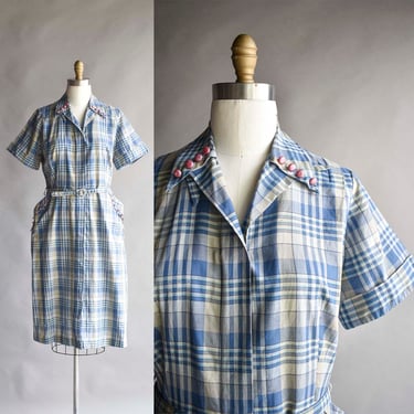 1940s Blue Plaid Shirt Dress / 1940s Cocktail Dress / 40s Cotton Dress / 1940s Day Dress / True Vintage 40s Dress / Blue Plaid Dress Medium 