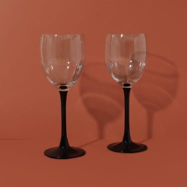 Vintage Black Stem Wine Glasses, Vintage Drinking Glasses 