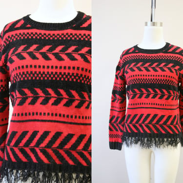 1990s Koret Red and Black Fringed Sweater 