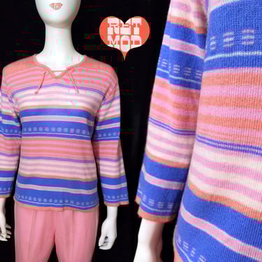 Cool Vintage 70s Pastel Pink Peach & Blue Stripe Boho Sweater 