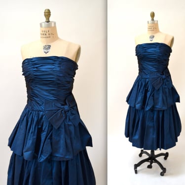 Vintage 80s Prom Dress Size XS Metallic Blue// 80s Party Vintage Navy Blue Metallic Strapless Dress by Alyce Designs Size XS 