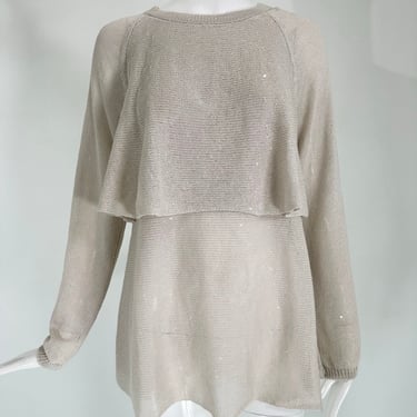 Brunello Cucinelli Ecru Linen &amp; Silk Sequin Applique Layered Tunic Sweater Large