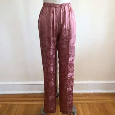 Pink/Mauve Floral Damask Silk Satin Trouser Pants - 1990s 