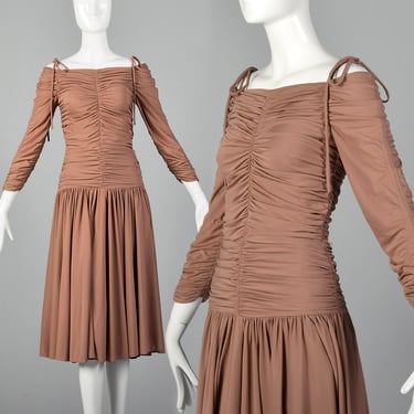 XS Frank Usher Golden Touch 1970s Taupe Dress Vintage Jersey Dress Off Shoulder Dress 70s Toffee Brown Dress 