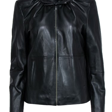 Ecru - Black Leather Zip-Up Jacket w/ Drawstring Neckline Sz L