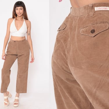 Flared Corduroy Pants 80s Calvin Klein Trousers Light Brown Retro Cords High Rise Waist Flares Plain Vintage 1980s Small 28 