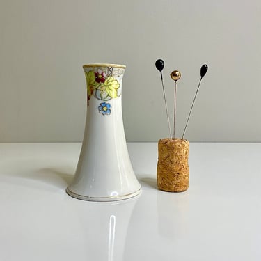 Antique, Hand Painted Nippon Porcelain Hat Pin Holder - Bud Vase, Hair Stick or Chopsticks Holder, Vanity Tray Decor, Grape Leaves, Flowers 